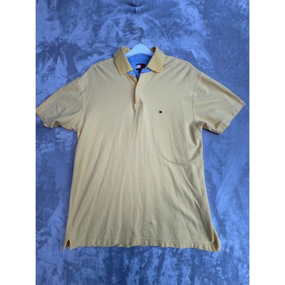 Tommy Hilfiger Men Yellow Striped Polo Shirt Short Sleeve Size L G Casual Golf